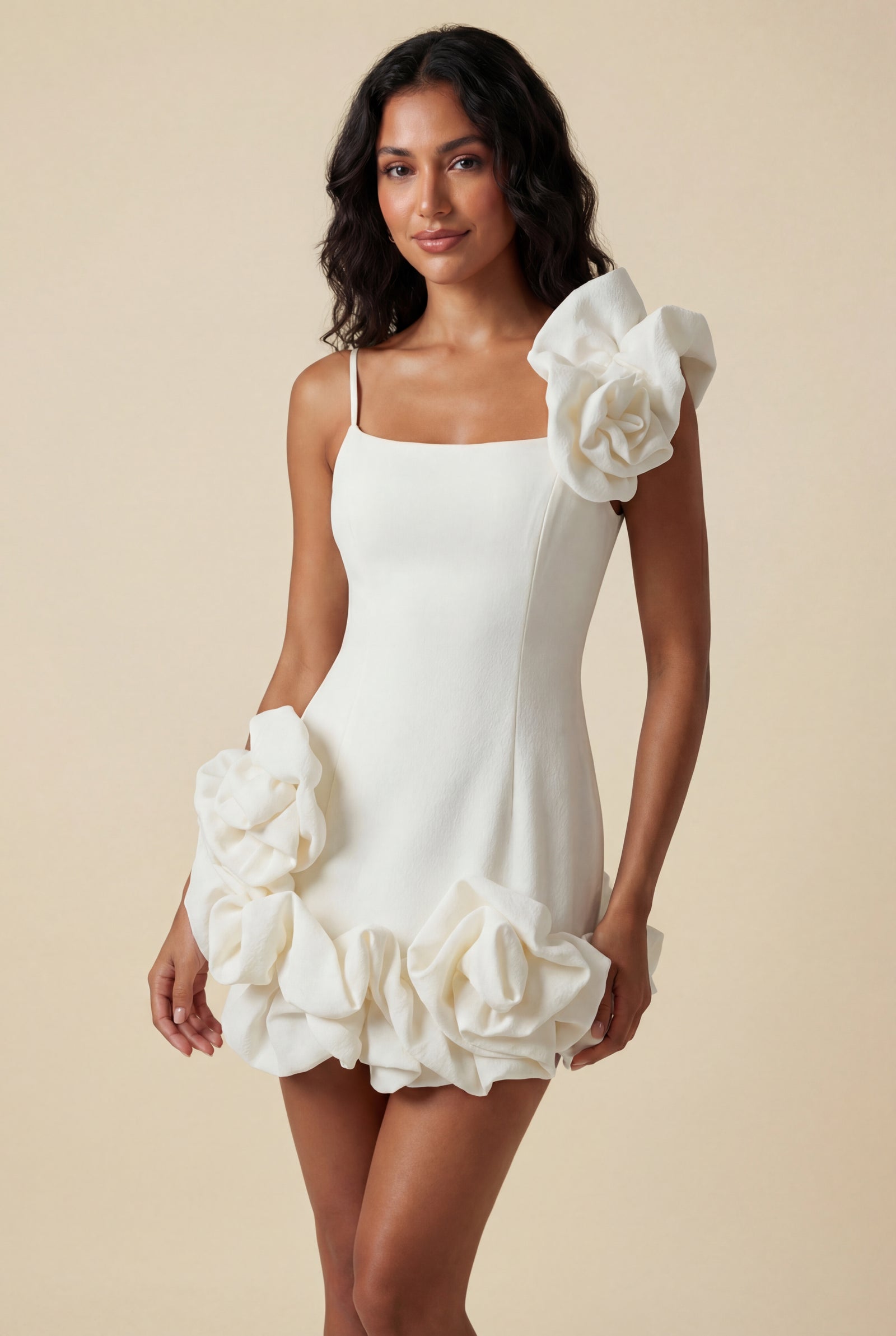 Cream Asymmetrical One-shoulder Mini Dress with 3d Rosette Hem - Cocktail dress - Photo 9