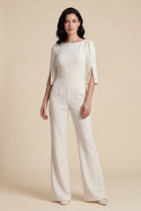 Cream Beaded Sleeve Slim Fit Wide Leg Jumpsuit - Slim fit jumpsuit - Photo 7