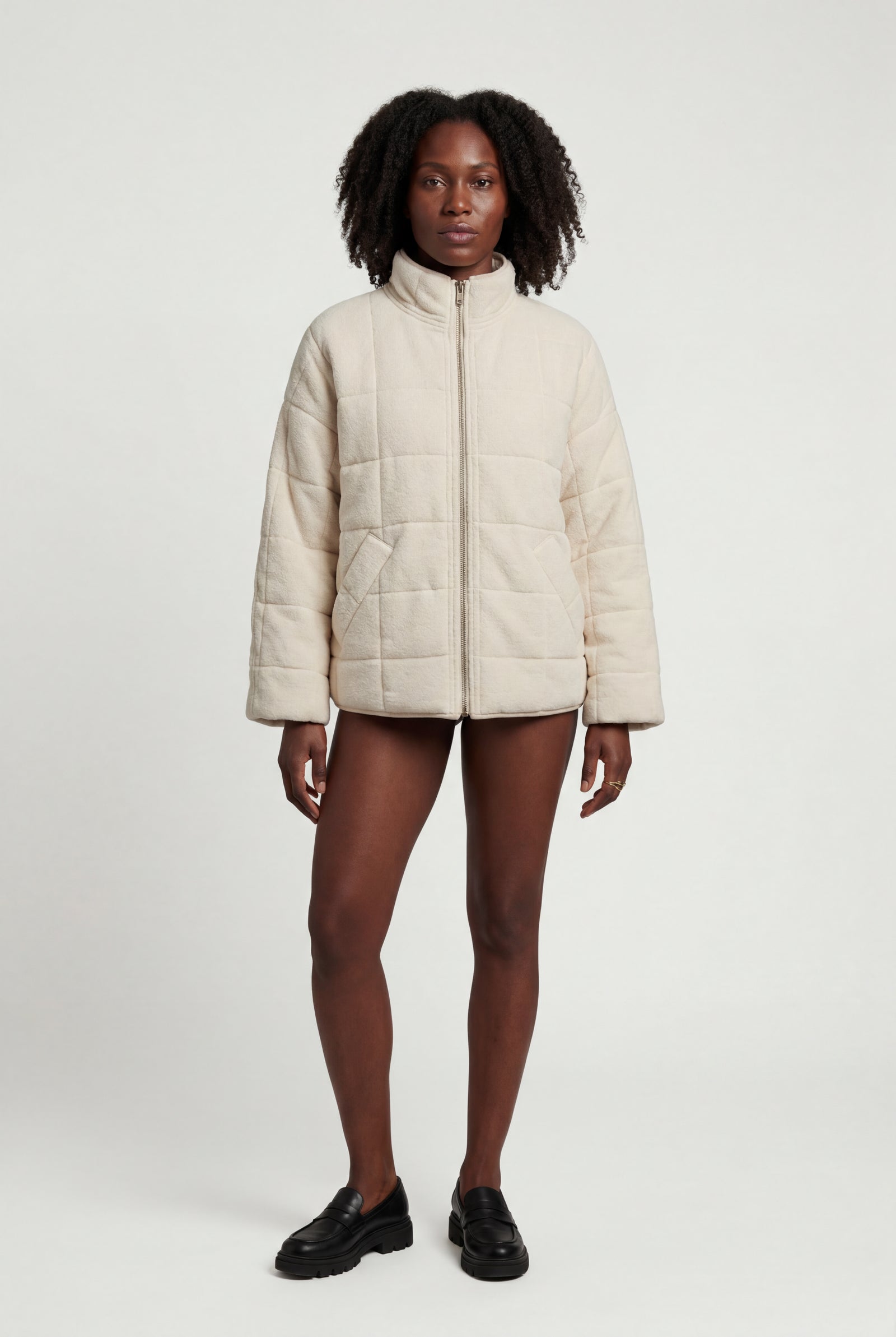 Cream Boxy Quilted Zip-front Winter Coat with Stand Collar - Photo 3