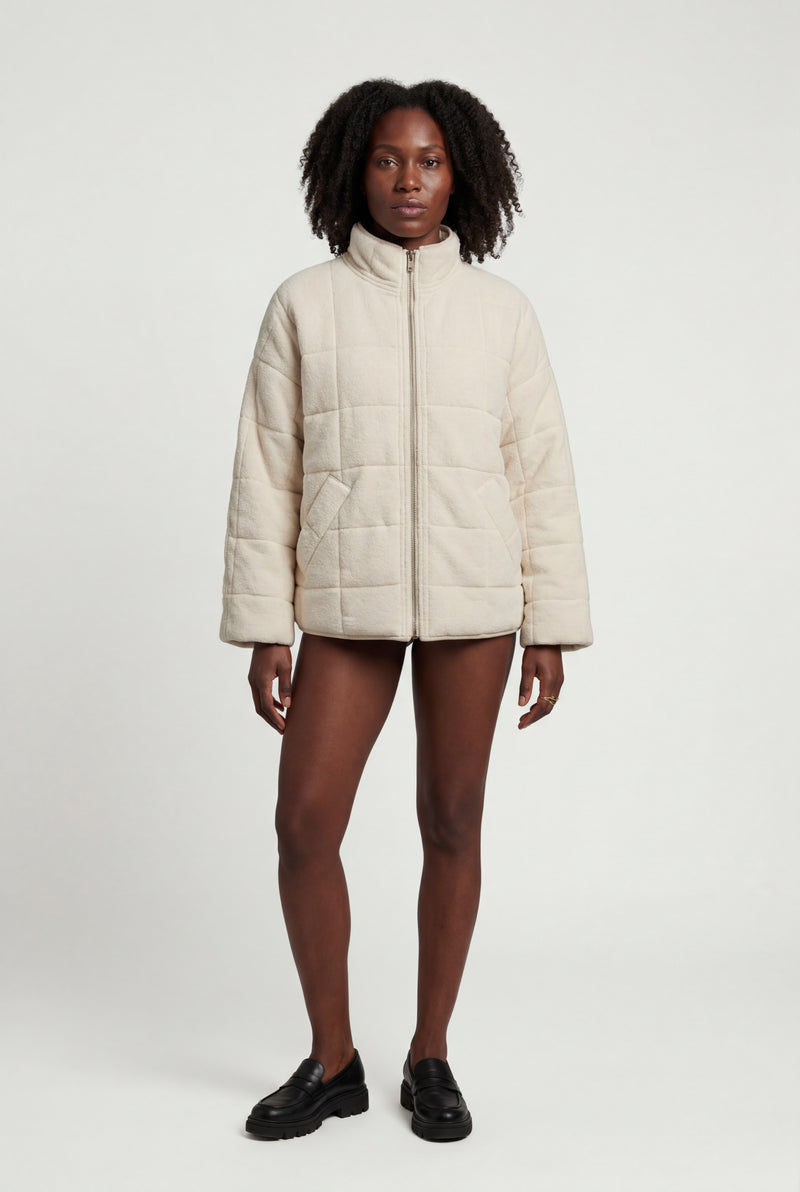 Cream Boxy Quilted Zip-front Winter Coat with Stand Collar - Photo 3