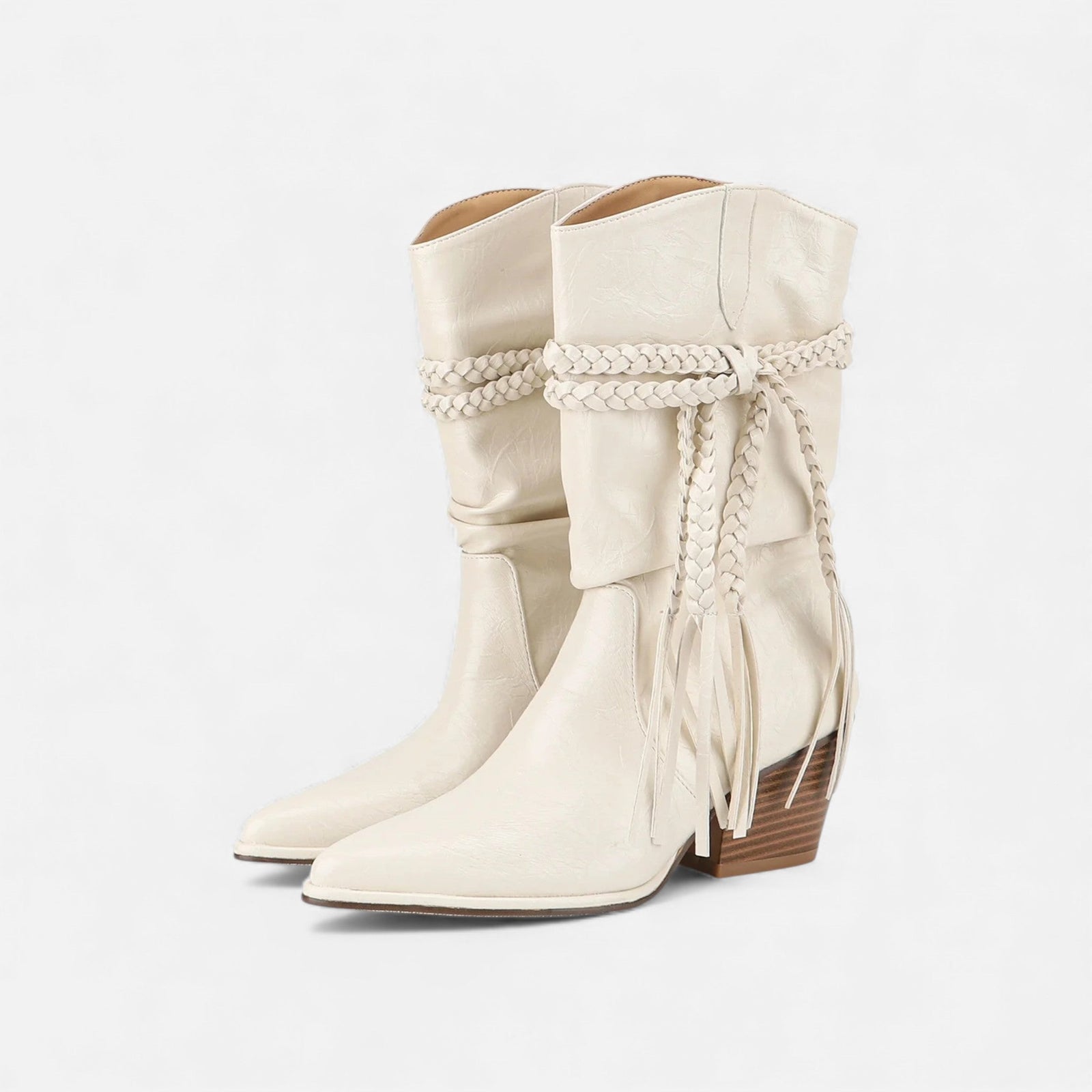 Cream Braided Tassel Western Chunky Heel Mid-calf Boots - Chunky heel boots - Photo 7