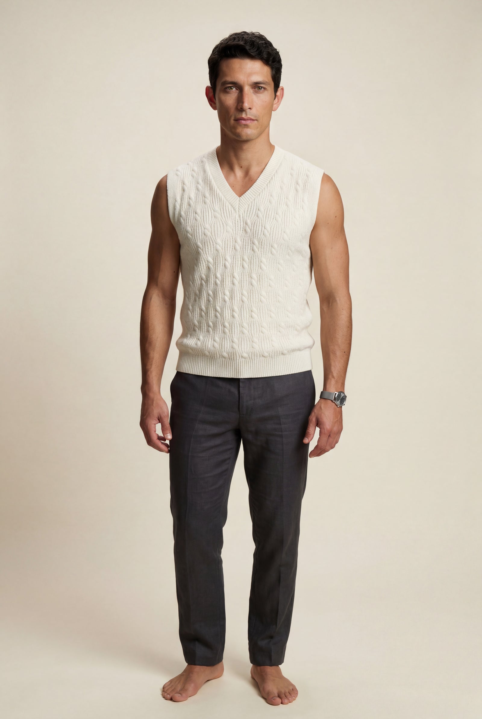 Cream Cable V-neck Sweater Vest with Ribbed Hem - Vests - Photo 2