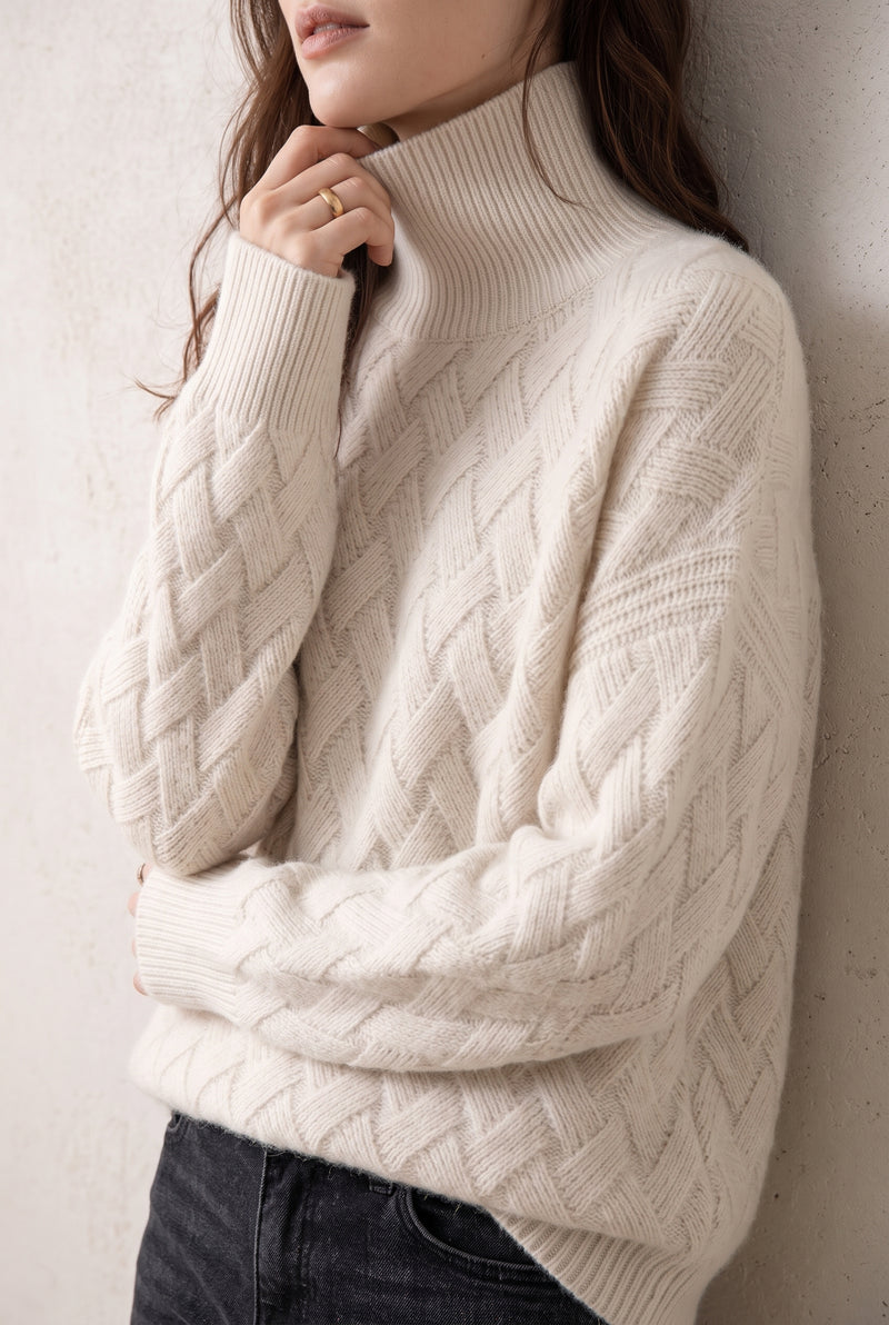 Cashmere Blend Turtleneck Sweater in Cream — studio front