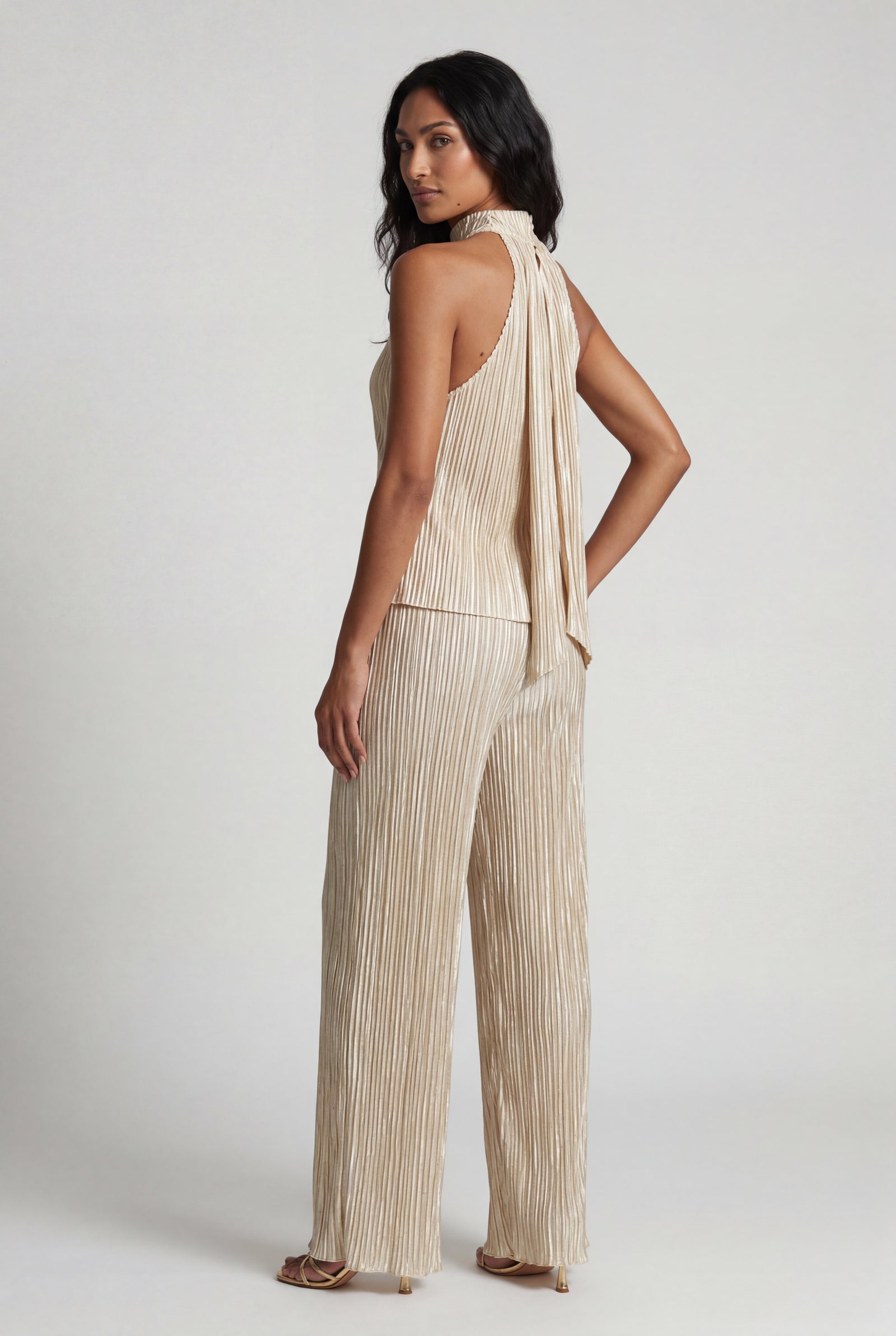Cream Champagne Metallic Pleated Wide Leg Pants Set Halter Top - Wide leg set - Photo 2