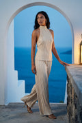 Cream Champagne Metallic Pleated Wide Leg Pants Set Halter Top - Wide leg set - Photo 4