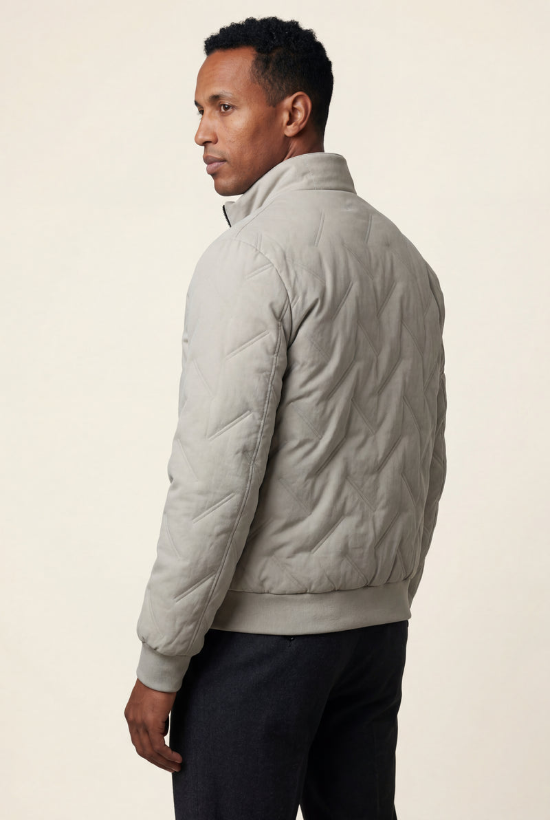 Cream Chevron Quilted Lightweight Bomber Jacket with Stand Collar - Quilted jacket - Photo 2