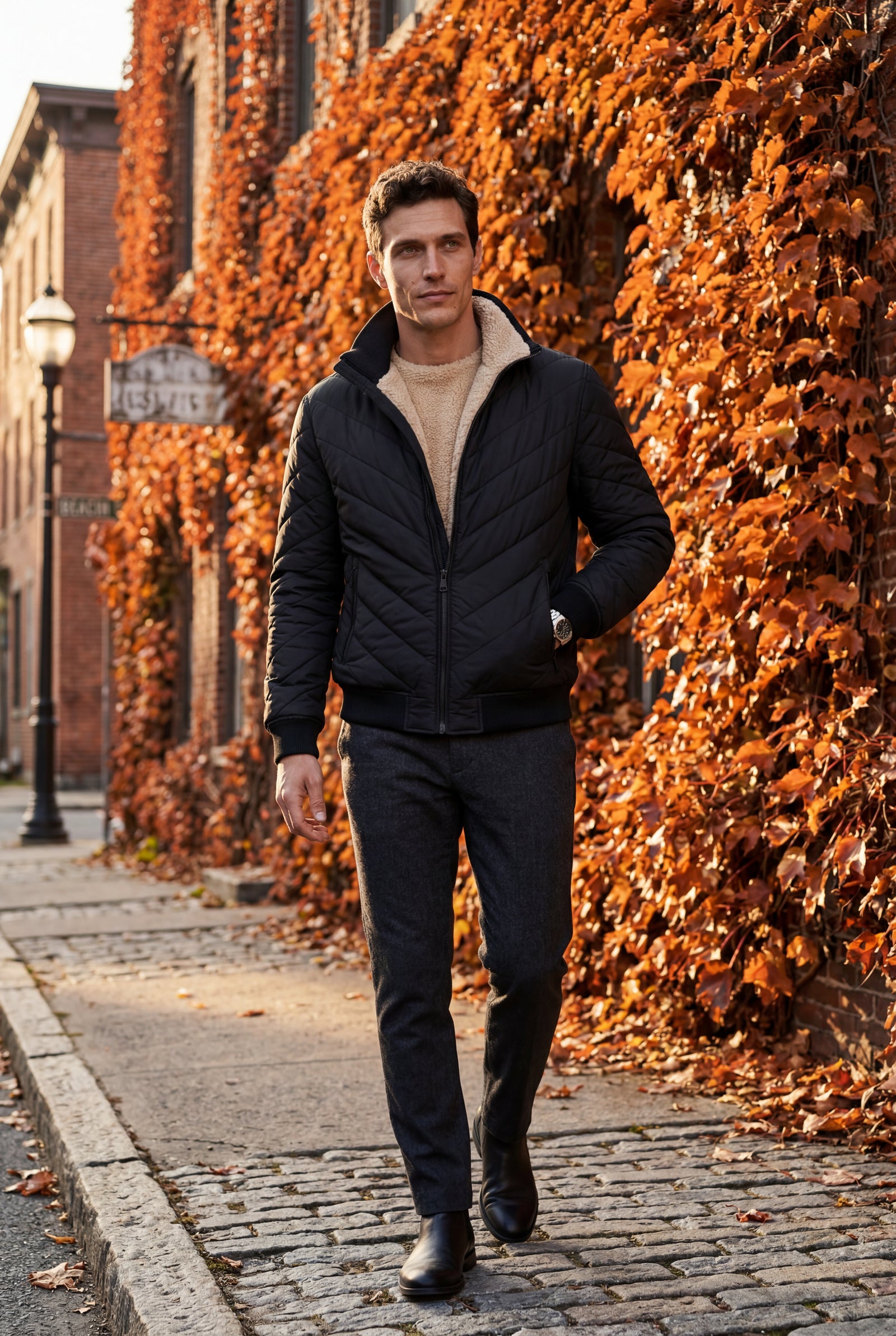 Black Chevron Quilted Lightweight Bomber Jacket with Stand Collar - Quilted jacket - Photo 4