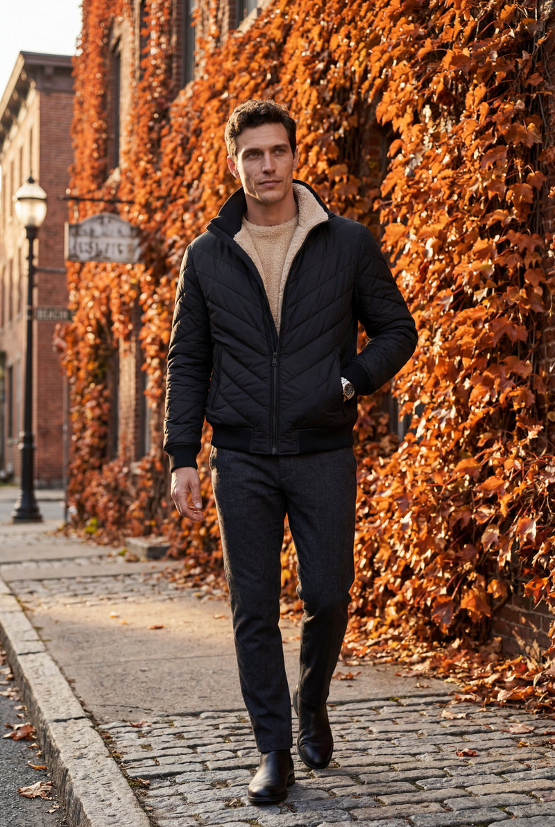 Black Chevron Quilted Lightweight Bomber Jacket with Stand Collar - Quilted jacket - Photo 4