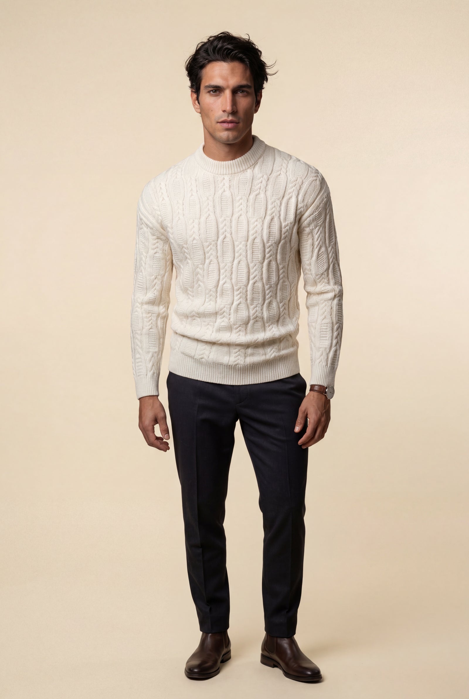 Cream Chunky Cable Crewneck Sweater with Ribbed Hem - Photo 14