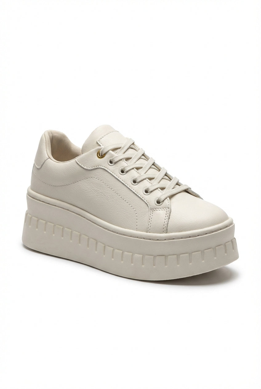 Cream Chunky Platform Lace-up Sneakers with Ridged Sole - Platform sneakers - Photo 1