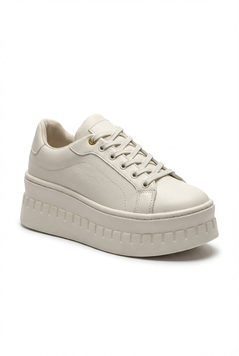 Cream Chunky Platform Lace-up Sneakers with Ridged Sole - Platform sneakers - Photo 1