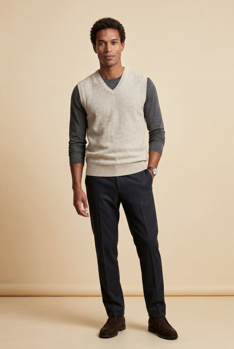 Cream Classic V-neck Sweater Vest with Ribbed Hem - Vests - Photo 1