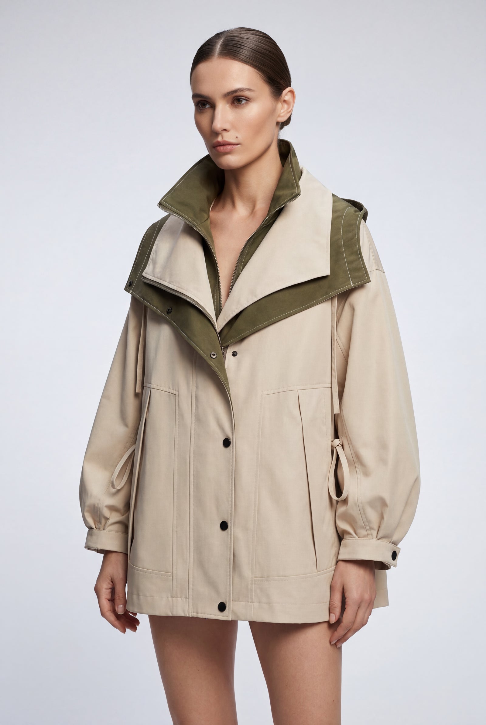 Cream Colorblock Oversized Windbreaker Jacket with Statement Collar - Photo 3