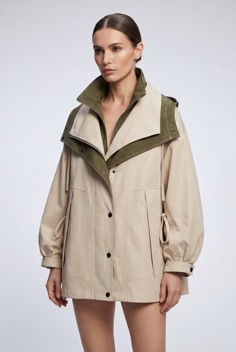 Cream Colorblock Oversized Windbreaker Jacket with Statement Collar - Photo 3