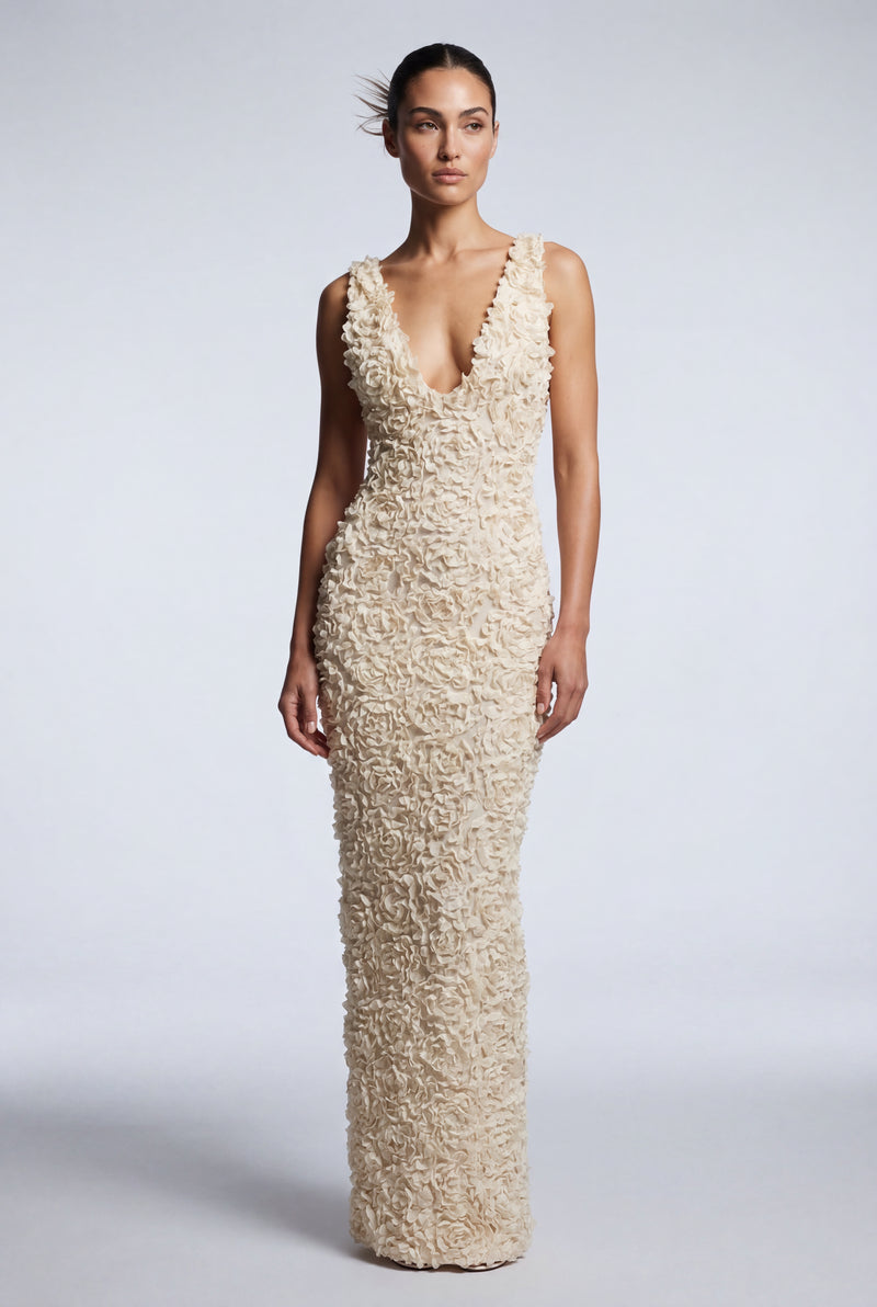 Cream Cream 3d Floral Appliqué Sleeveless Maxi Dress - Photo 1