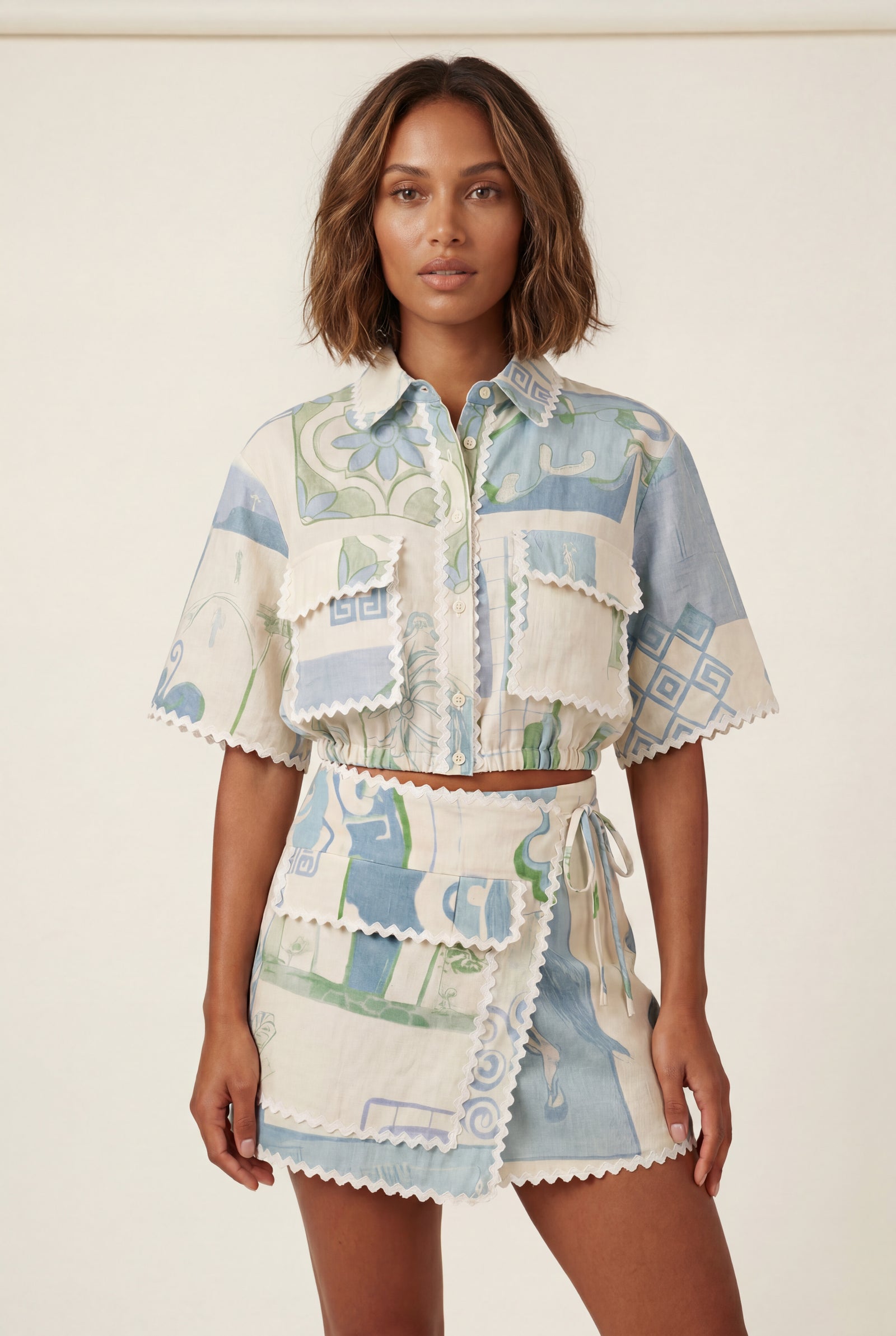 Cream Cream Artistic Print Cropped Button-up Shirt with Ric Rac Trim - Short sleeve top - Photo 1