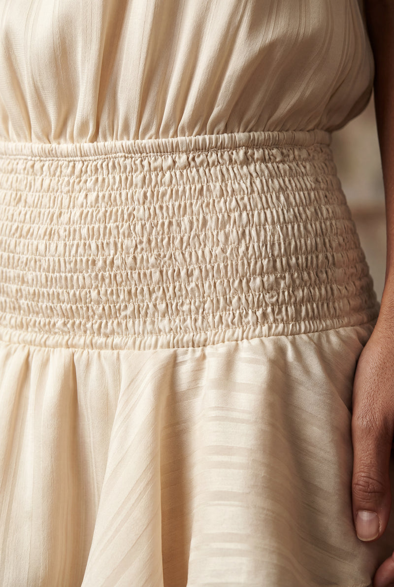 Cream Cream Pleated Halter Neck Tiered Mini Dress - Photo 3