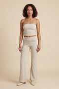 Cream Cream Ribbed Bandeau Crop Top Ruched Flared Pants Set - Co-ord sets - Photo 1