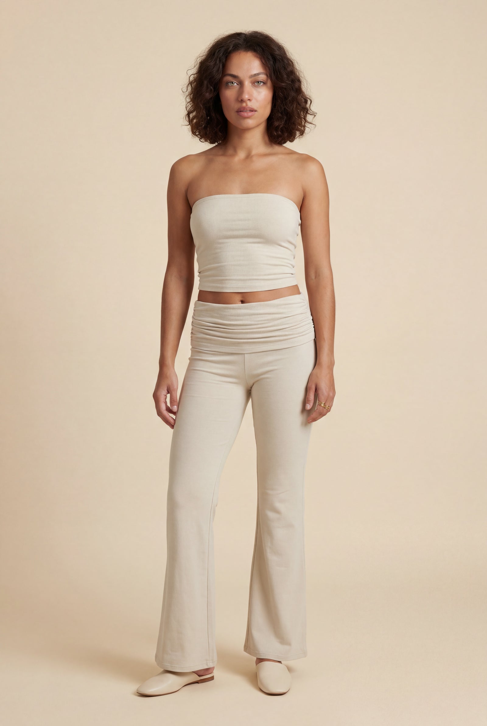 Cream Cream Ribbed Bandeau Crop Top Ruched Flared Pants Set - Co-ord sets - Photo 1