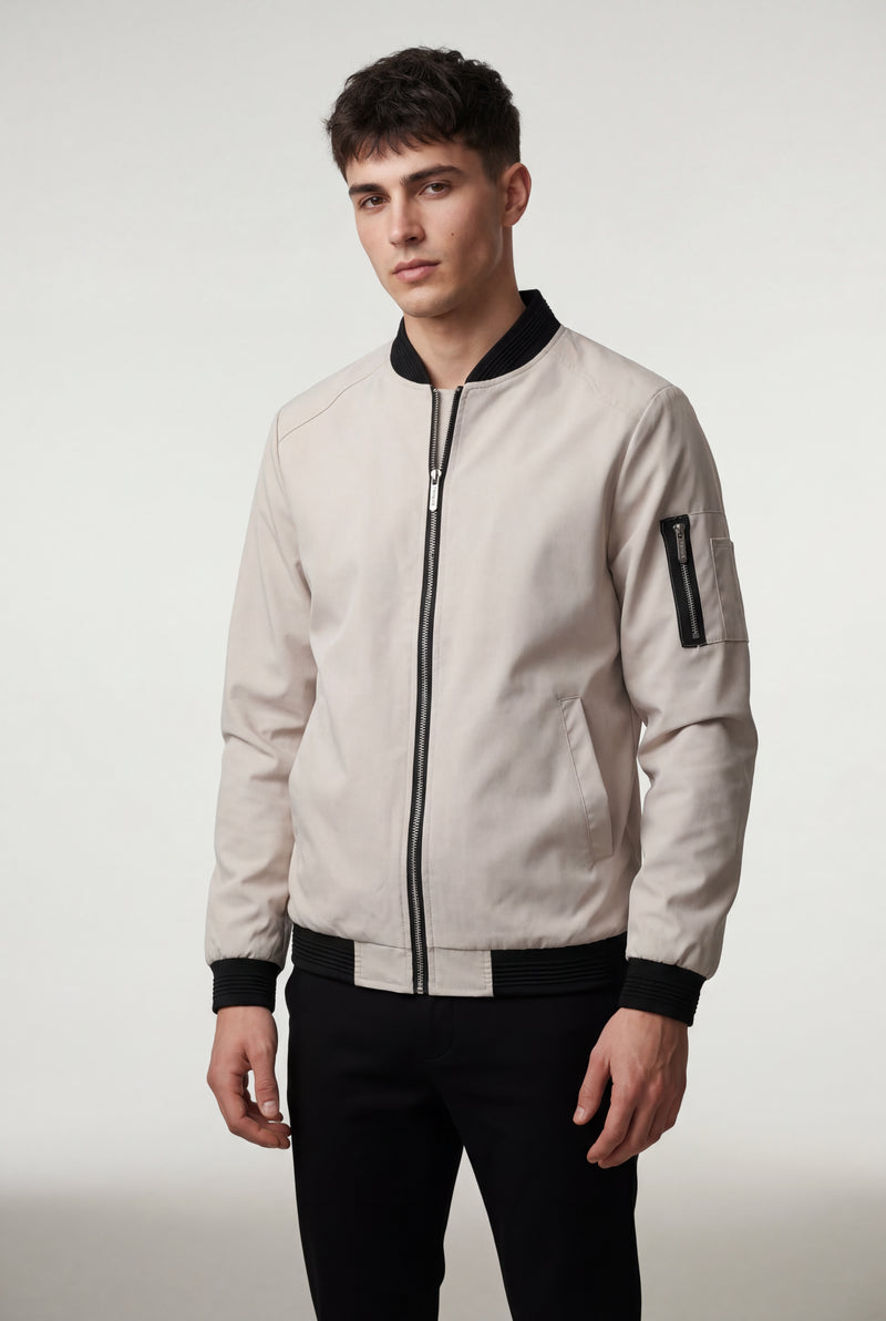Cream Cream Slim-fit Zip-front Bomber Jacket with Ribbed Trim - Bomber jackets - Photo 1