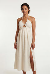 Cream Cream Textured Halter Cut-out Midi Dress - Photo 1