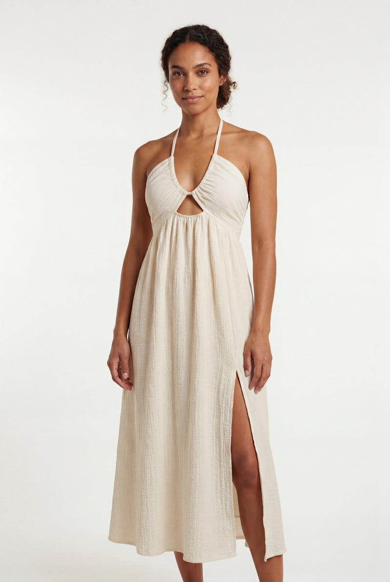 Cream Cream Textured Halter Cut-out Midi Dress - Photo 1
