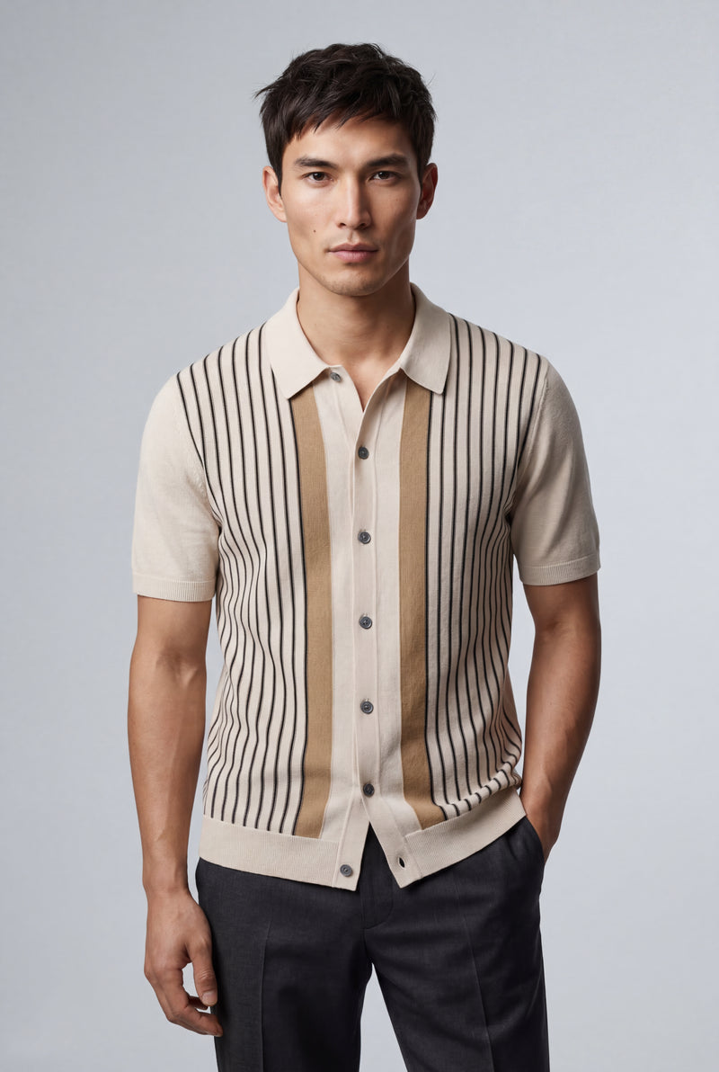 Cream Cream Vertical Stripe Button-front Polo Shirt - Polo shirts - Photo 1