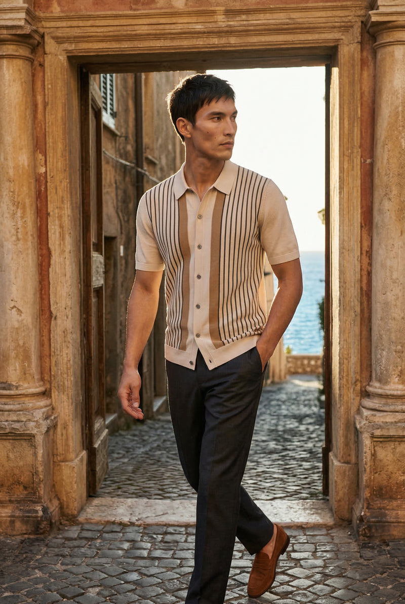 Cream Cream Vertical Stripe Button-front Polo Shirt - Polo shirts - Photo 2
