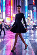 Black Crew Neck Long Sleeve Fit and Flare Mini Dress - Photo 6