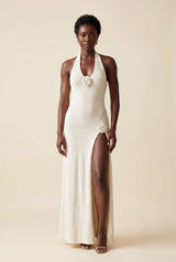 Cream Floral Appliqué Halter Neck Bodycon Maxi Dress - Photo 2