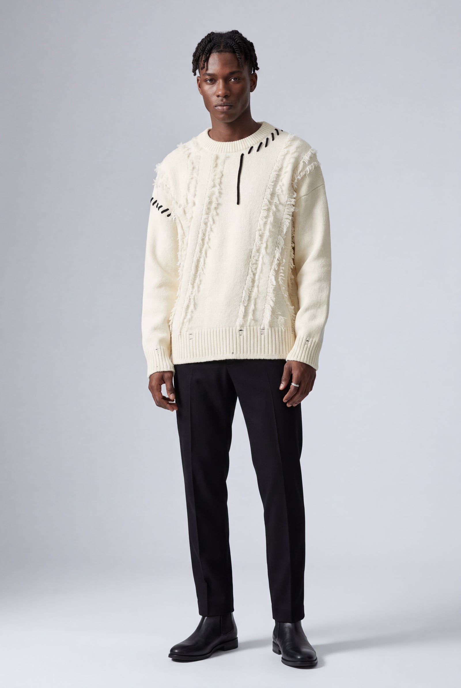 Cream Fringe Artisan Detail Crewneck Sweater - Photo 1