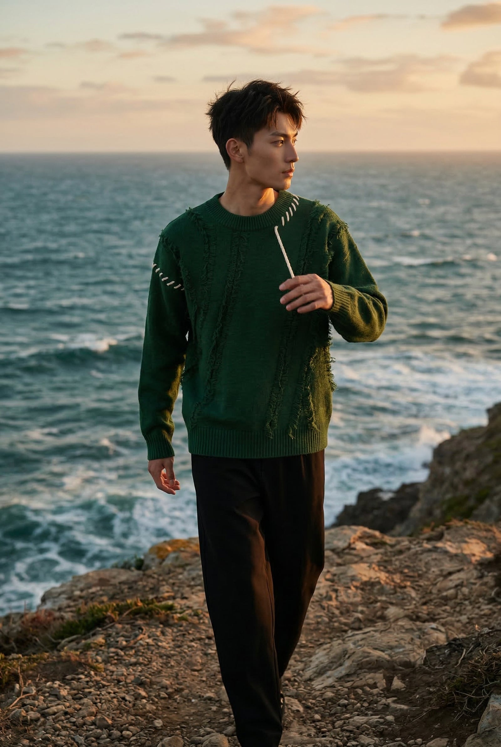 Dark Green Fringe Artisan Detail Crewneck Sweater - Photo 5