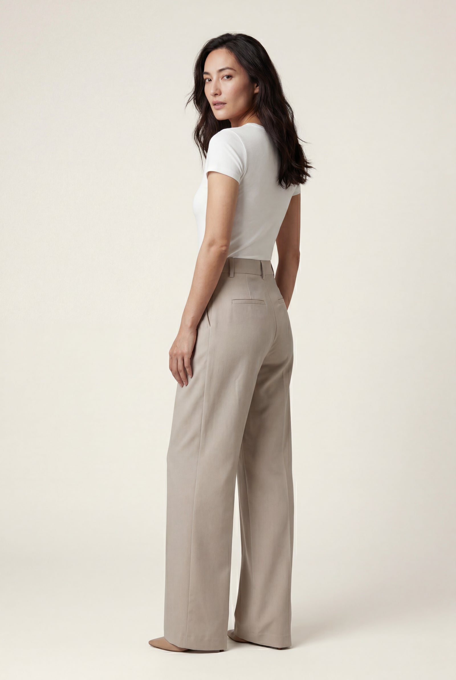 Cream High-waisted Pleated Wide-leg Tailored Trousers - Wide leg trousers - Photo 3
