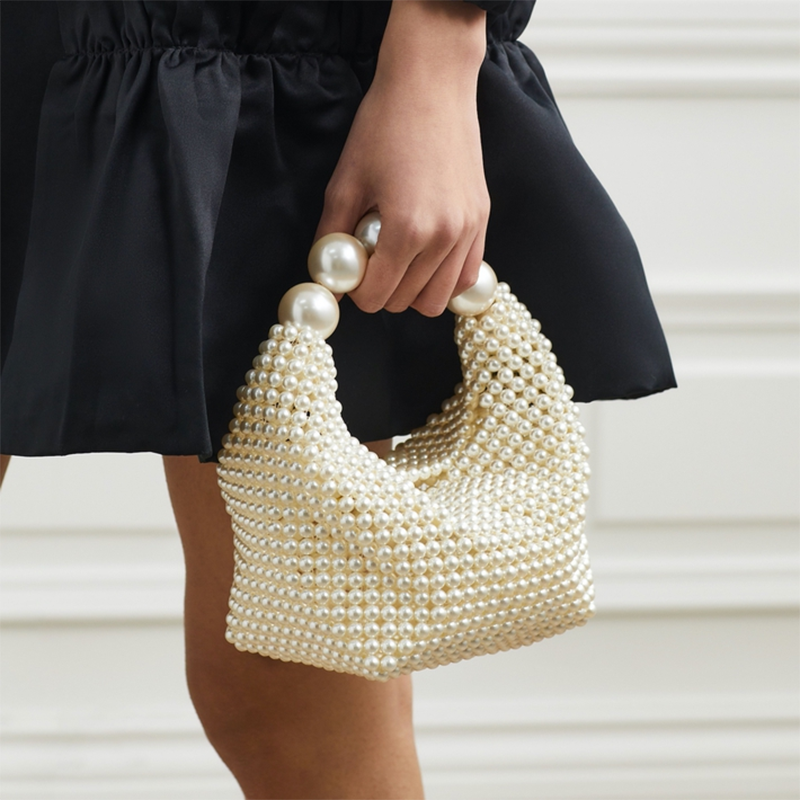 Cream Ivory Pearl-embellished Mini Clutch with Sculptural Handle - Evening clutch - Photo 2