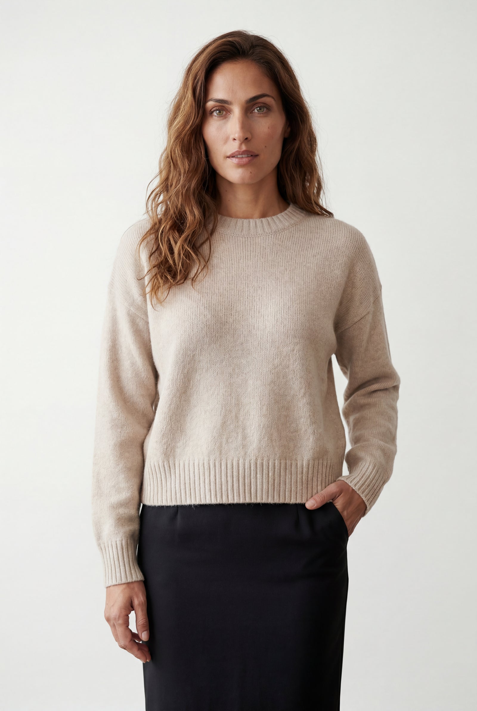 Cream Light Oatmeal Beige Relaxed Fit Crew Neck Pullover Sweater - Photo 1