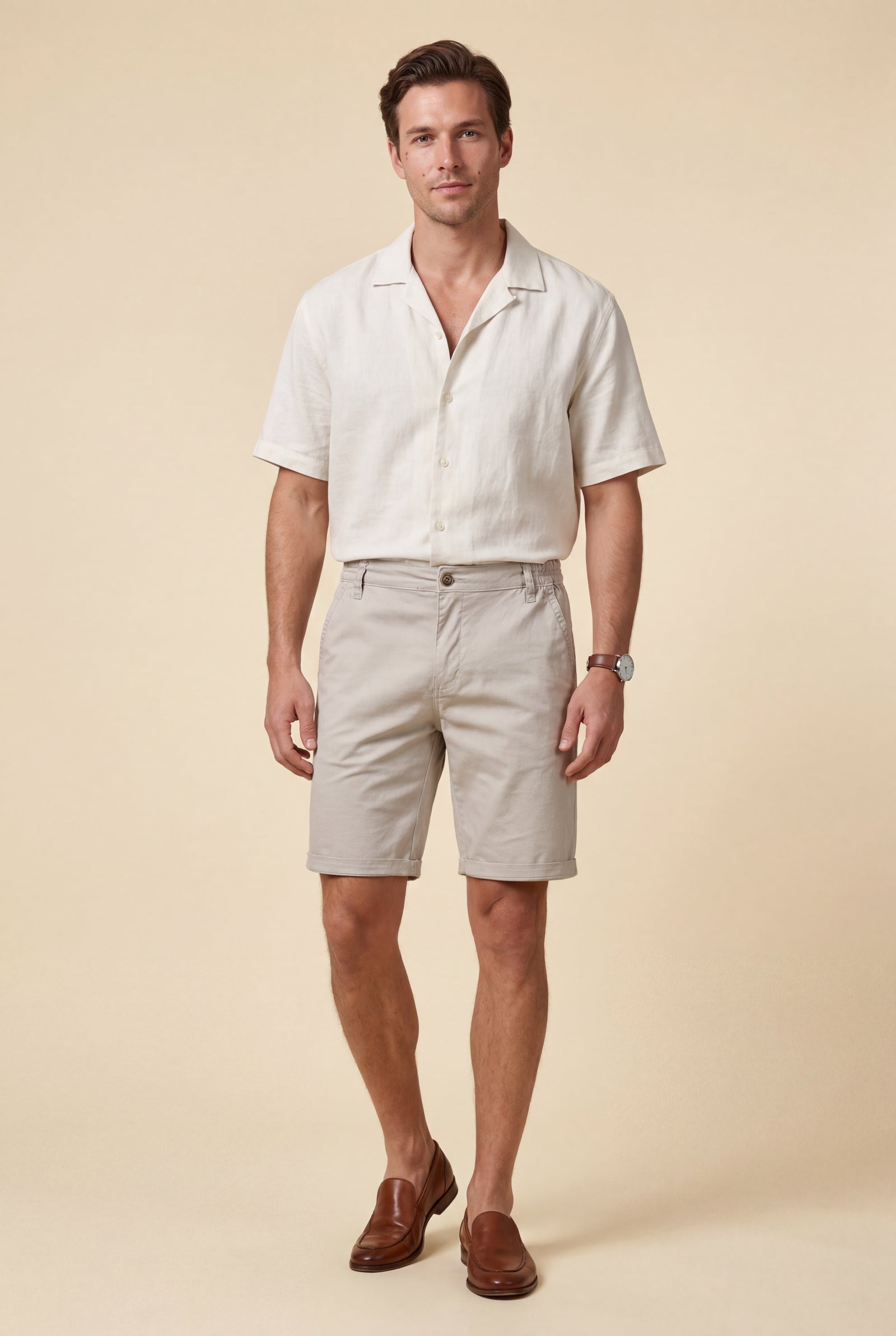 Cream Men's Slim Tailored Fit Chino Shorts with Elastic Waistband - Casual shorts - Photo 3