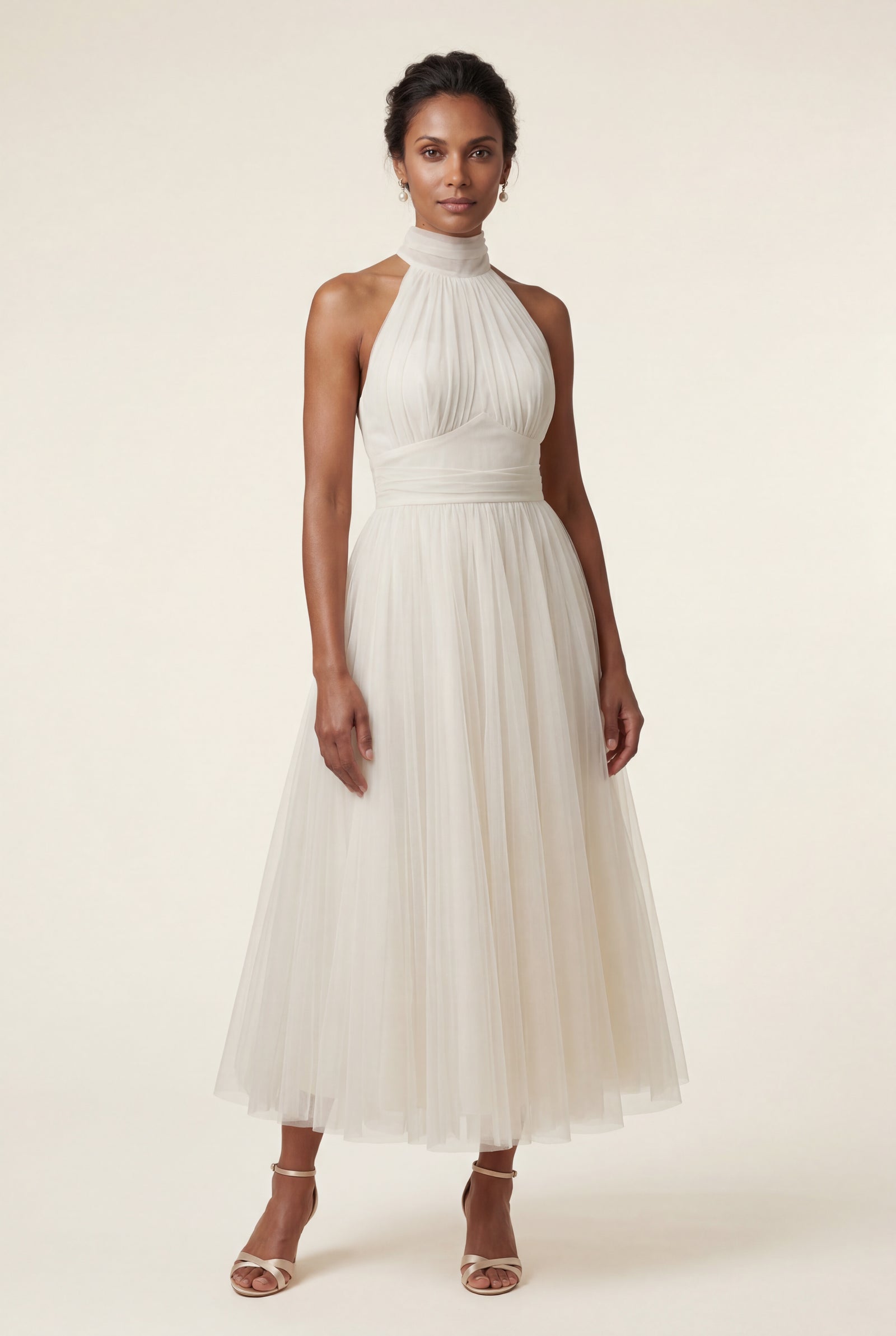 Cream Pleated Halter Neck Midi Dress with Open Back Detail - Halter neck dress - Photo 1