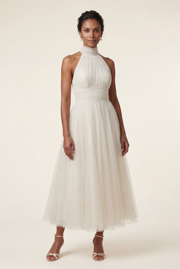 Cream Pleated Halter Neck Midi Dress with Open Back Detail - Halter neck dress - Photo 1