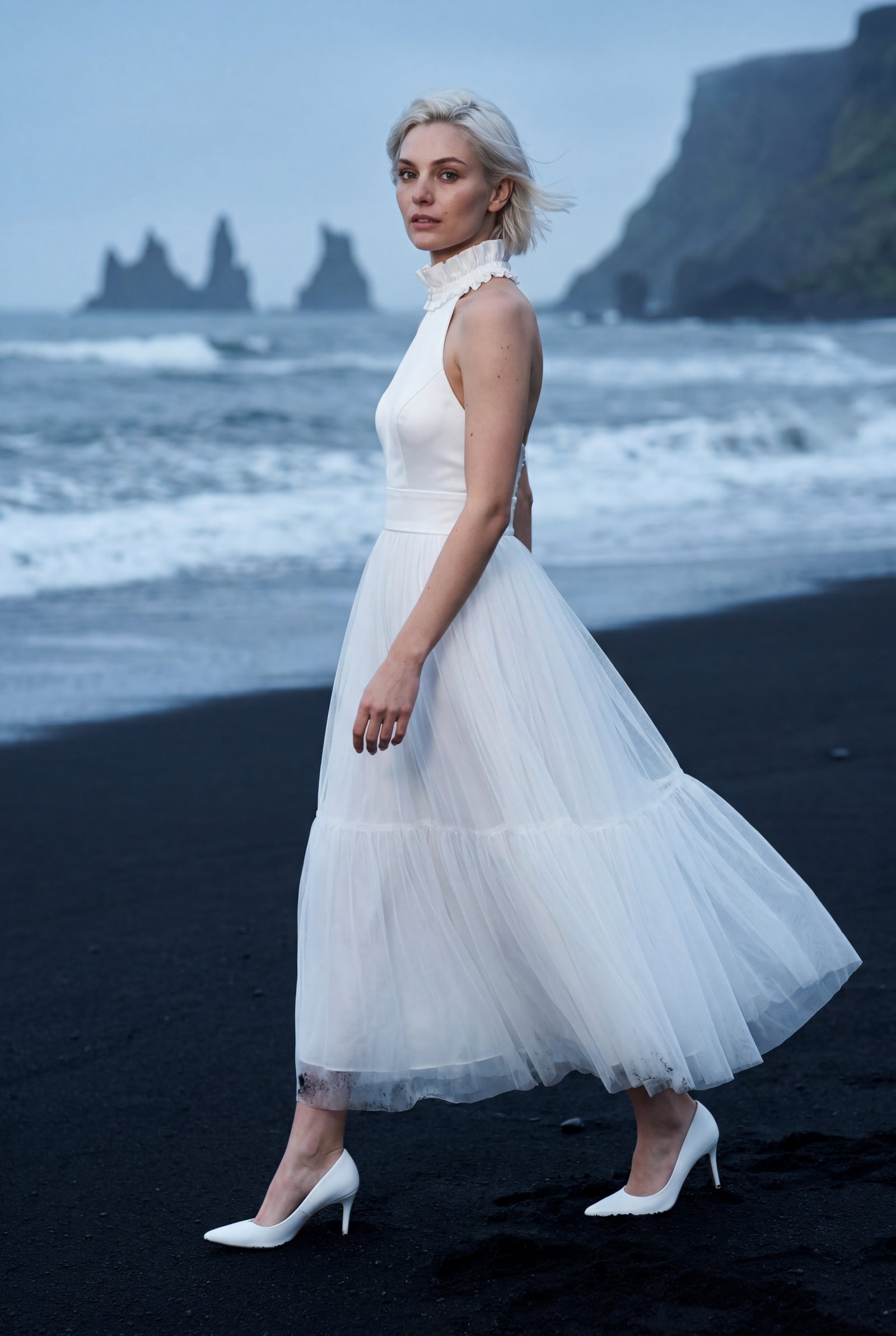 White Pleated Halter Neck Midi Dress with Open Back Detail - Halter neck dress - Photo 11