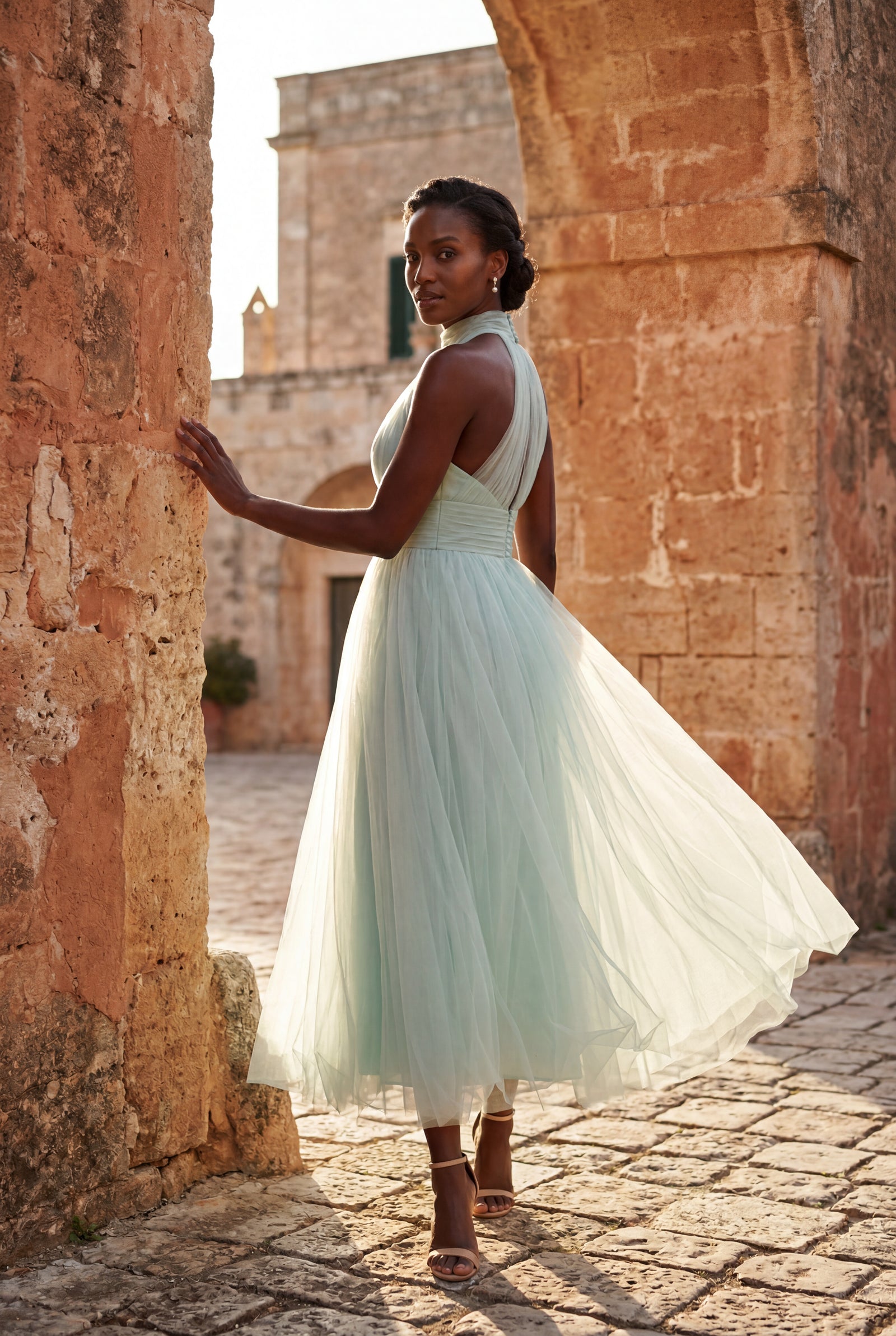 Mint Blue Pleated Halter Neck Midi Dress with Open Back Detail - Halter neck dress - Photo 12
