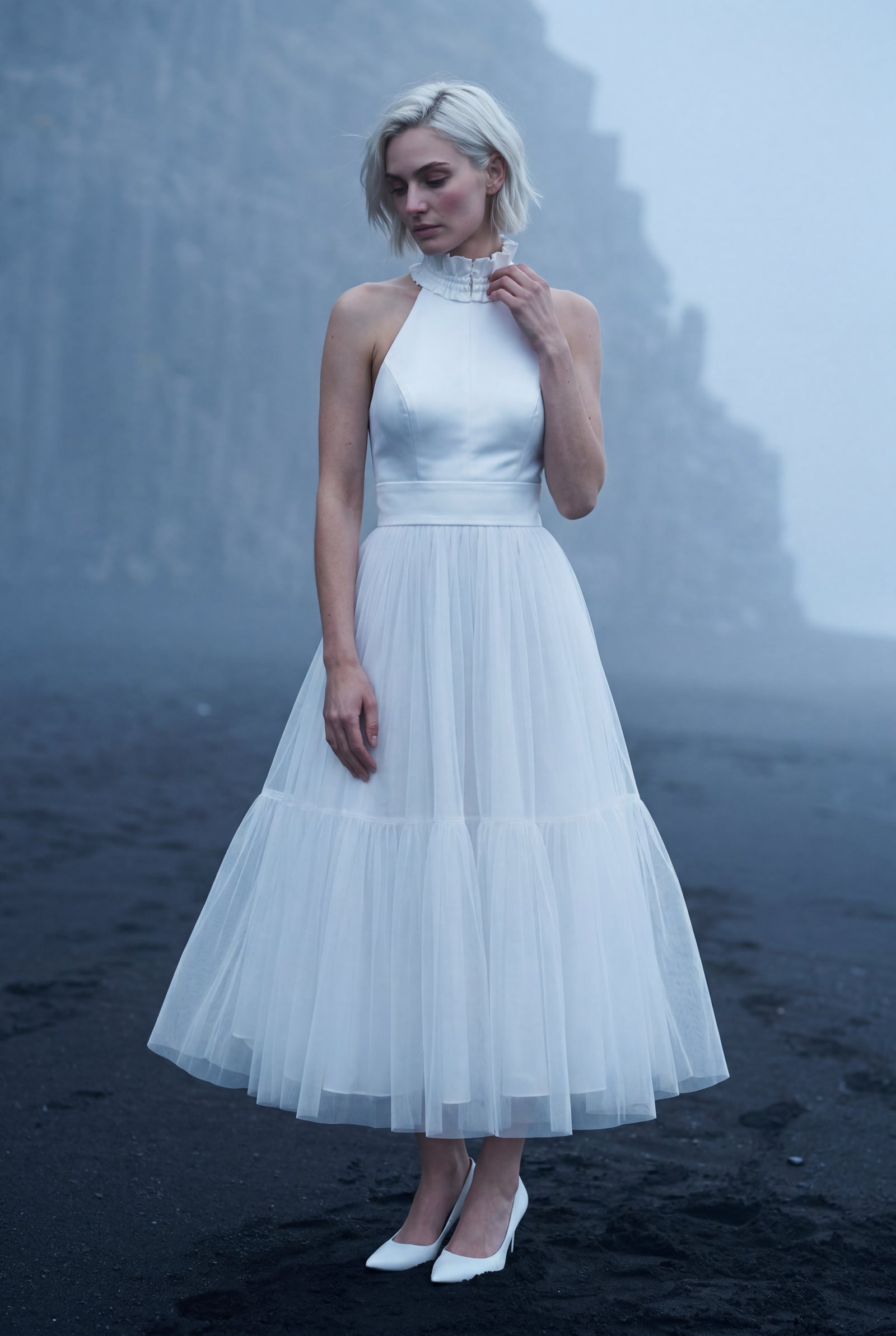 White Pleated Halter Neck Midi Dress with Open Back Detail - Halter neck dress - Photo 15