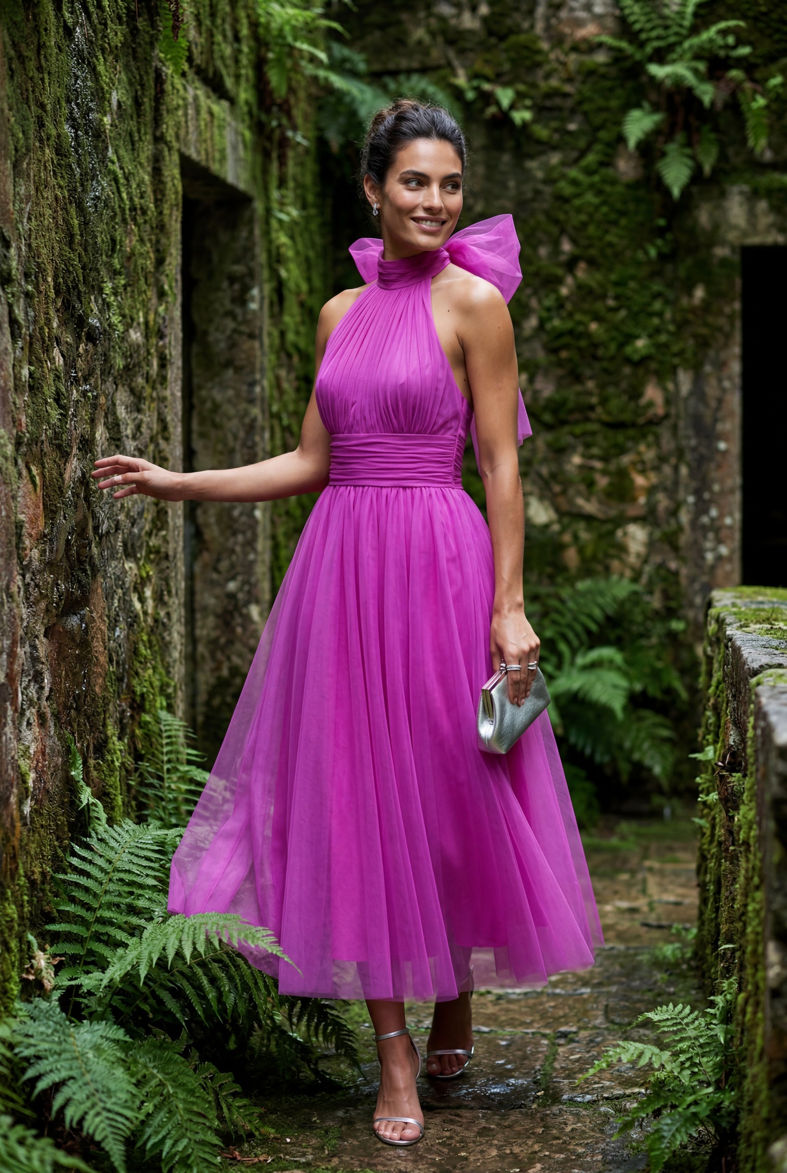 Purple Pleated Halter Neck Midi Dress with Open Back Detail - Halter neck dress - Photo 18