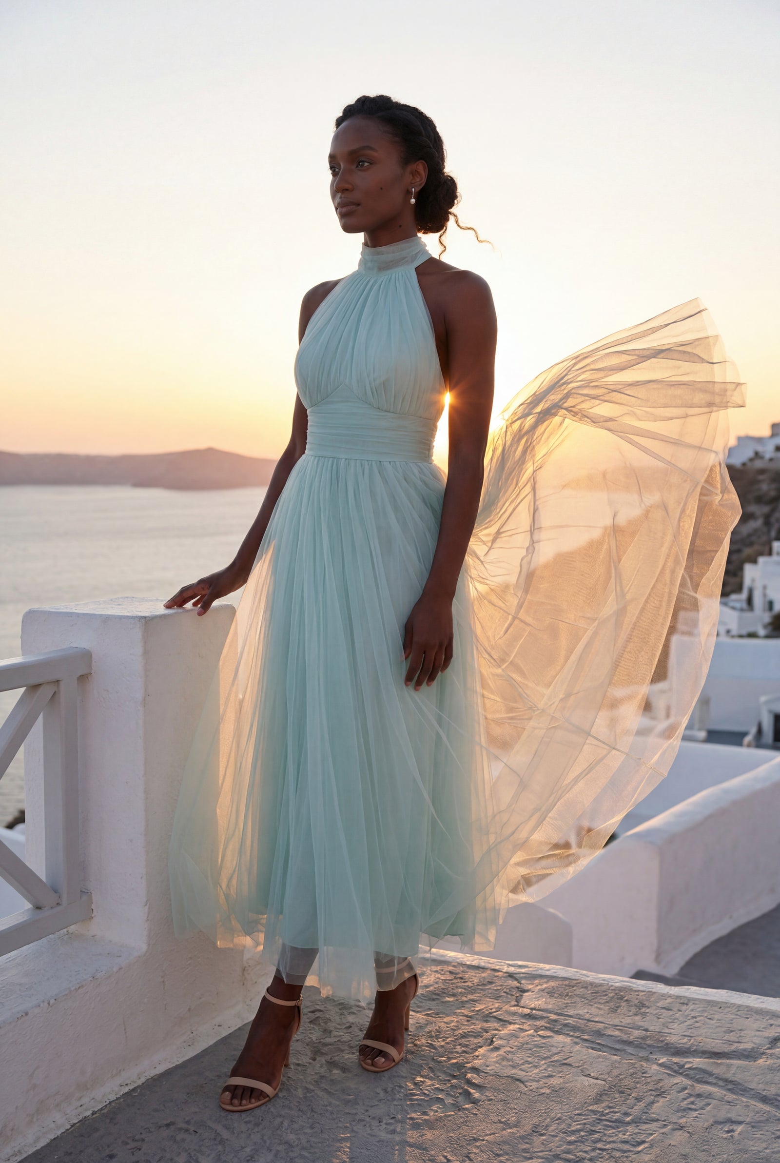 Mint Blue Pleated Halter Neck Midi Dress with Open Back Detail - Halter neck dress - Photo 19