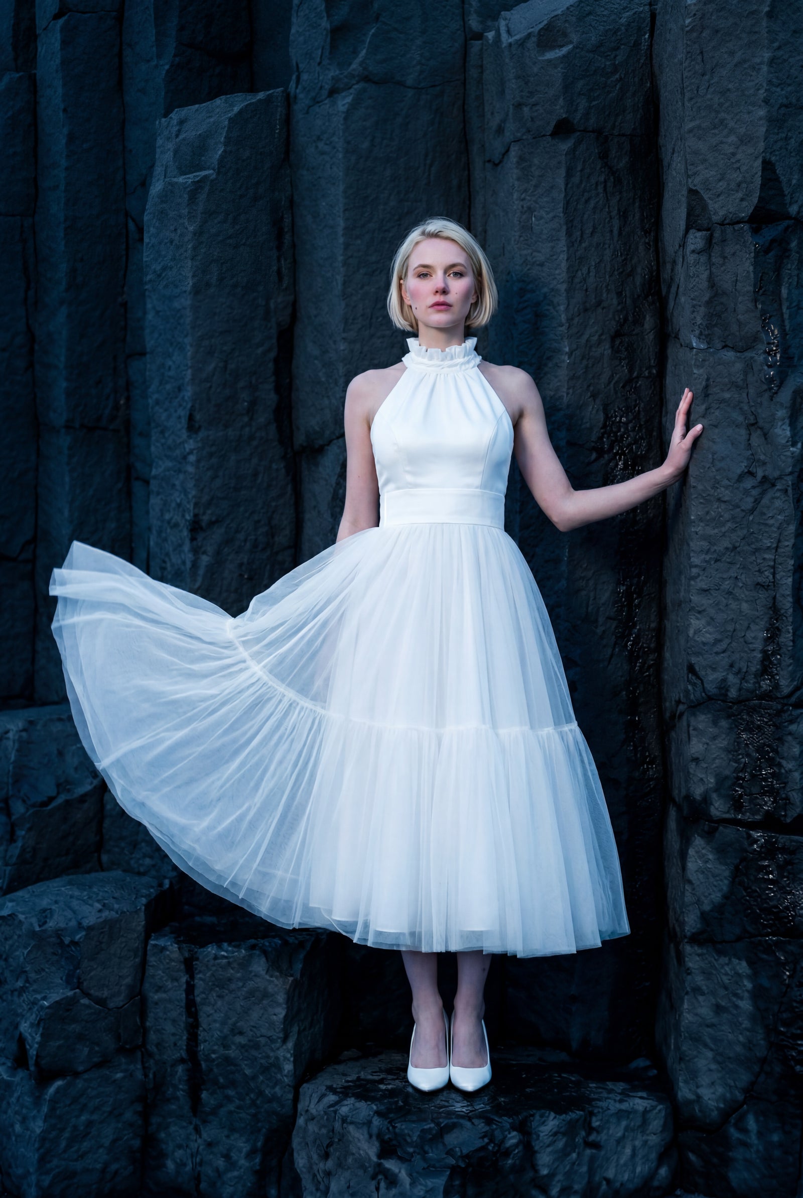 White Pleated Halter Neck Midi Dress with Open Back Detail - Halter neck dress - Photo 20