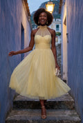 Yellow Pleated Halter Neck Midi Dress with Open Back Detail - Halter neck dress - Photo 21