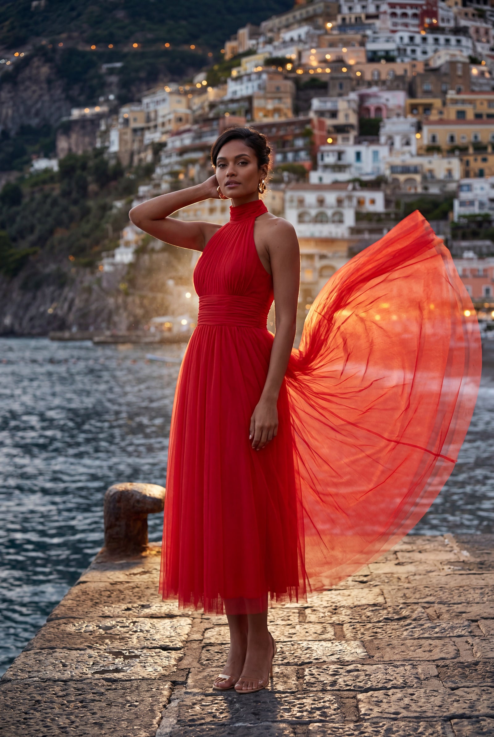 Red Pleated Halter Neck Midi Dress with Open Back Detail - Halter neck dress - Photo 22
