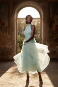 Mint Blue Pleated Halter Neck Midi Dress with Open Back Detail - Halter neck dress - Photo 24