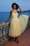 Yellow Pleated Halter Neck Midi Dress with Open Back Detail - Halter neck dress - Photo 26