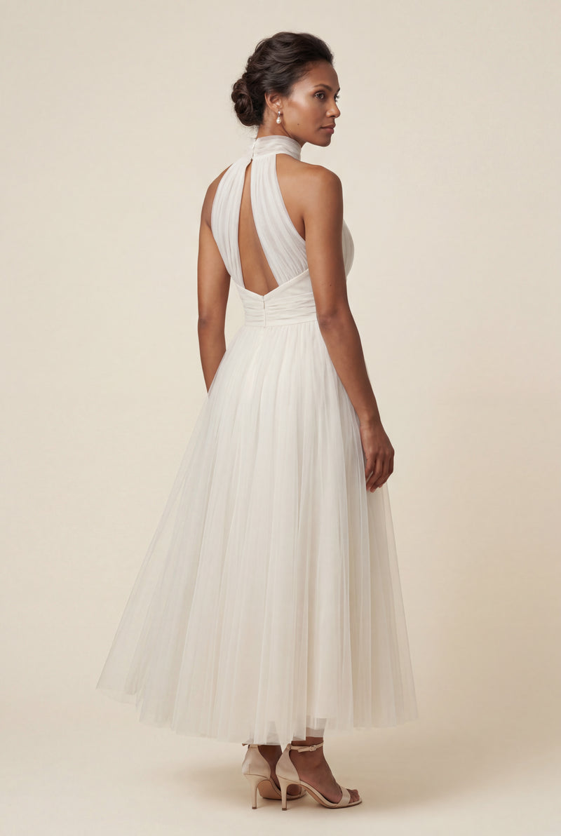 Cream Pleated Halter Neck Midi Dress with Open Back Detail - Halter neck dress - Photo 3