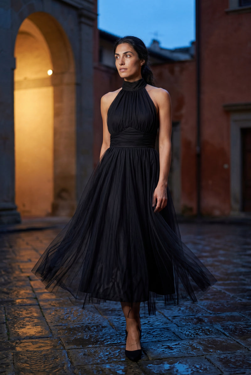 Black Pleated Halter Neck Midi Dress with Open Back Detail - Halter neck dress - Photo 4